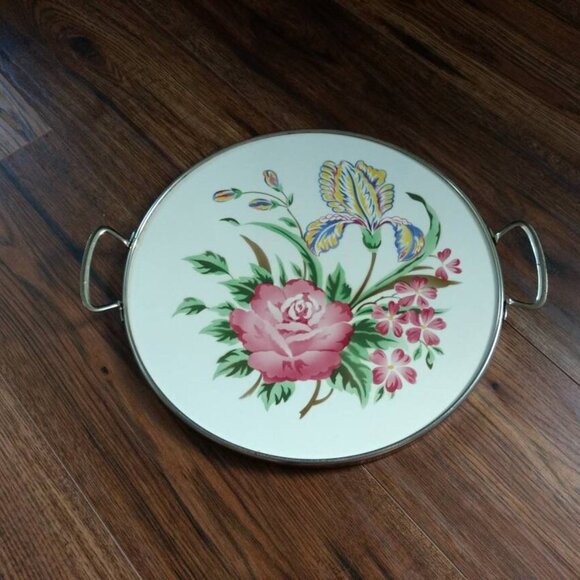 Vintage Cake Plate Platter Round Floral Porcelain Ceramic Tray with Handles - Picture 1 of 11